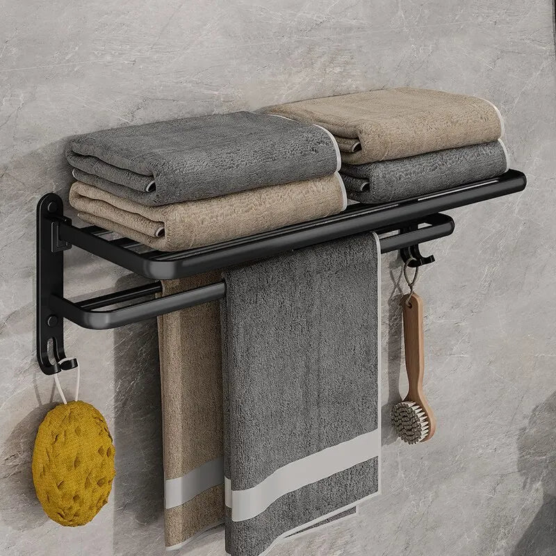 Matte Black Folding Towel Rack with Hooks – 50CM Wall-Mounted Aluminum Shelf