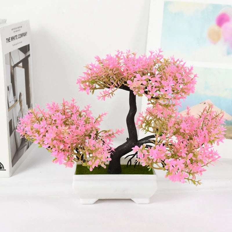 Artificial Pink Blossom Bonsai Tree – Decorative Faux Plant in White Ceramic Pot