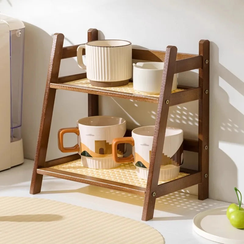 2-Layer Bamboo Countertop Organizer Rack – Multipurpose Coffee Cup Holder Shelf