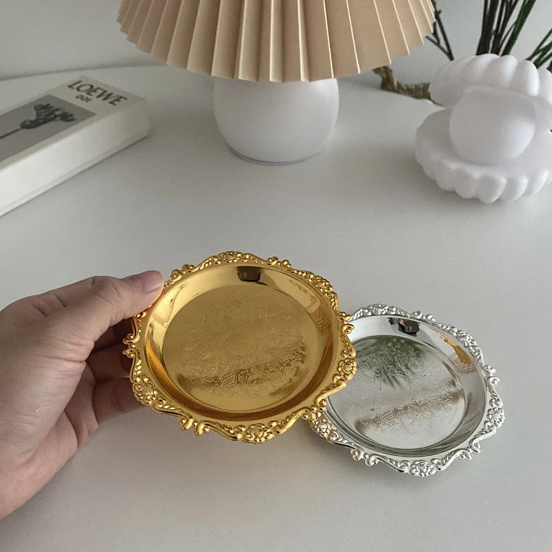 Metal Shell Storage Tray Round Glass Plate Jewelry Dish Earrings Ring Display Fruit Desktop Decor Photo Props