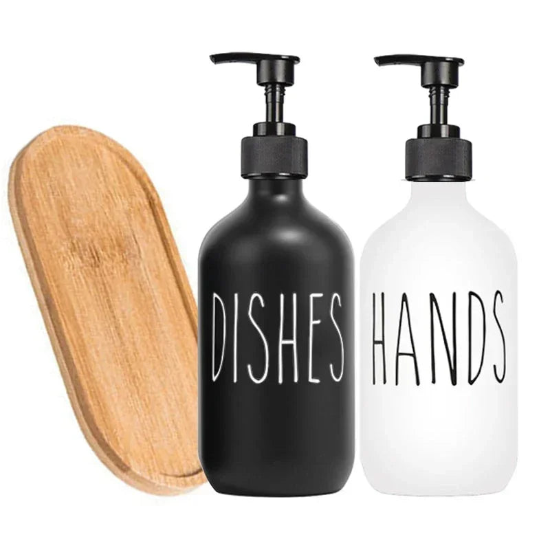 500ml Matte Black Soap Dispenser Set with Labels & Bamboo Tray – Hands & Dishes Bottles for Kitchen & Bathroom