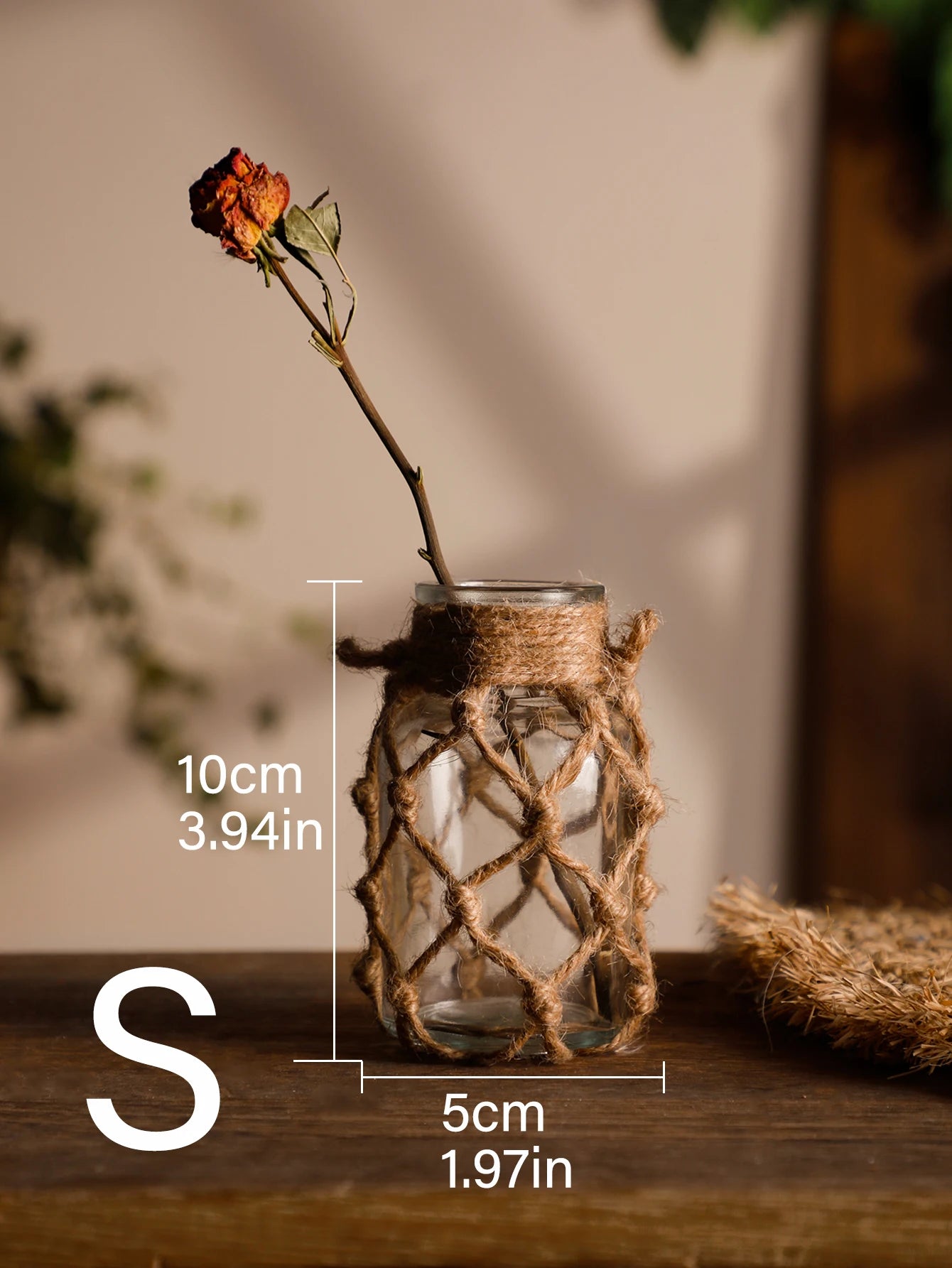 Boho Hemp Rope Glass Vase – Rustic Charm for Tables & Shelves