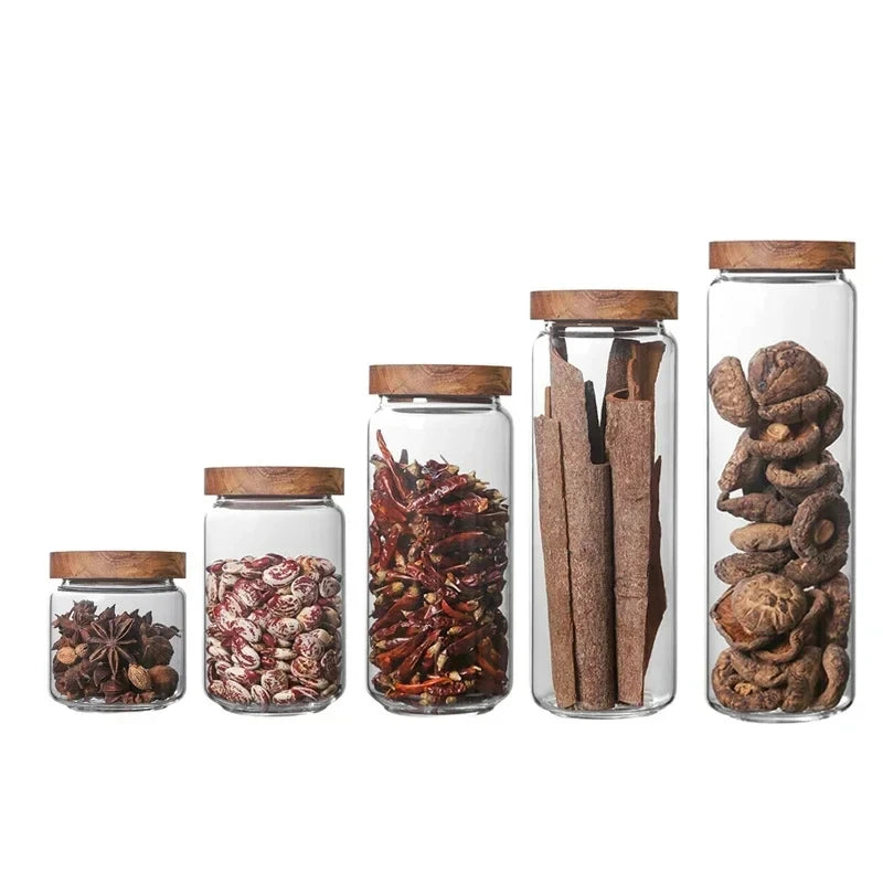 Modern Glass Storage Jar with Wooden Lid – Airtight Pantry Container for Spices, Cereal, Snacks & Dry Goods
