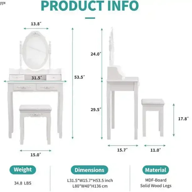 Elegance White Vanity Table Set – Makeup Desk with Mirror & Stool, 4 Drawers