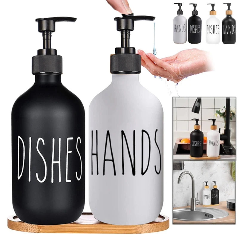 500ml Matte Black Soap Dispenser Set with Labels & Bamboo Tray – Hands & Dishes Bottles for Kitchen & Bathroom
