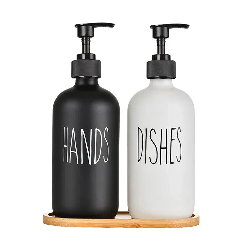500ml Matte Black Soap Dispenser Set with Labels & Bamboo Tray – Hands & Dishes Bottles for Kitchen & Bathroom