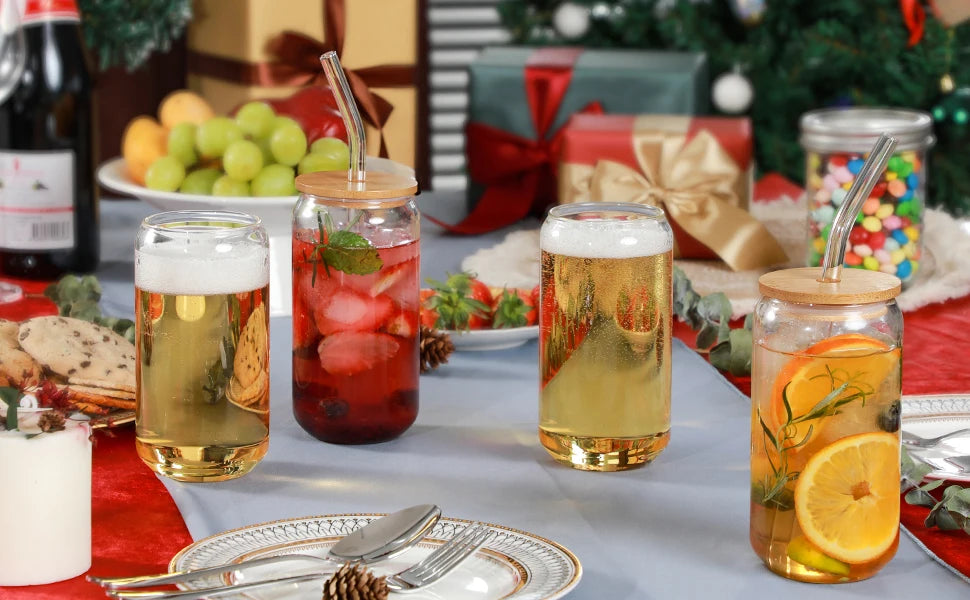 Clear Glass Coffee Cup with Bamboo Lid & Straw β 450ml Iced Drink Jar