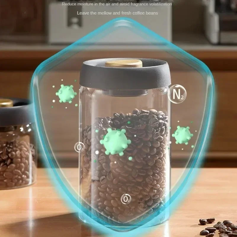 Vacuum Sealed Glass Coffee Storage Jar with Black Lid – Airtight Container for Beans, Tea & Pantry Staples