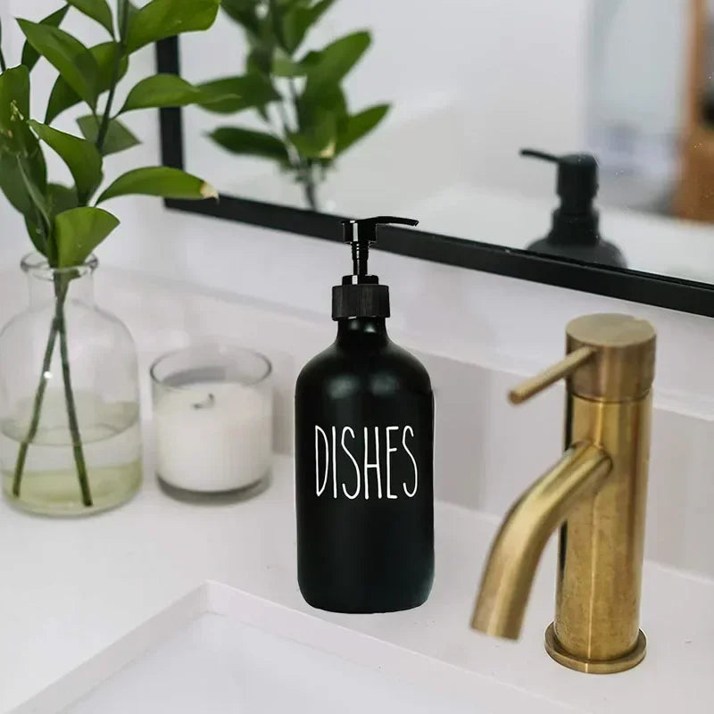 500ml Matte Black Soap Dispenser Set with Labels & Bamboo Tray – Hands & Dishes Bottles for Kitchen & Bathroom