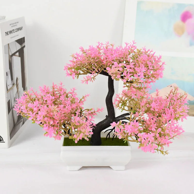 Artificial Pink Blossom Bonsai Tree – Decorative Faux Plant in White Ceramic Pot