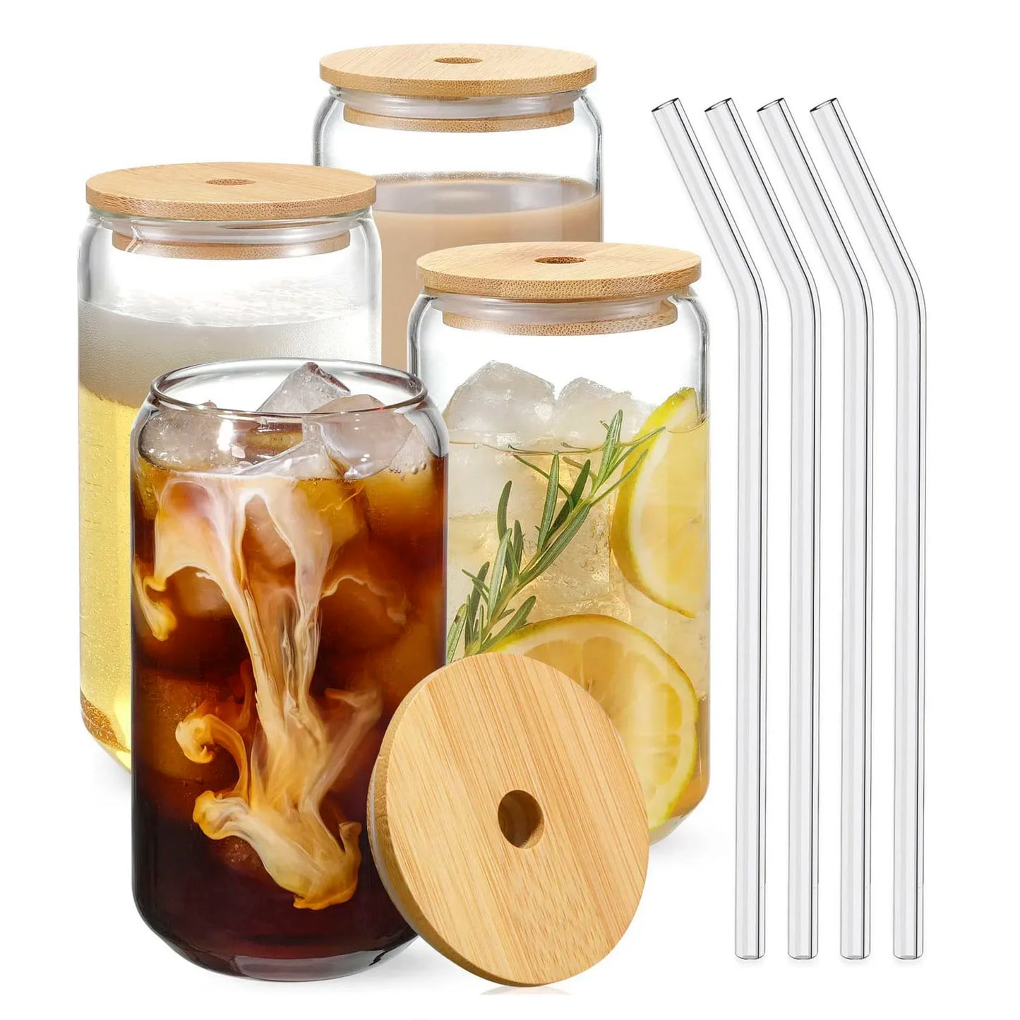 Clear Glass Coffee Cup with Bamboo Lid & Straw β 450ml Iced Drink Jar