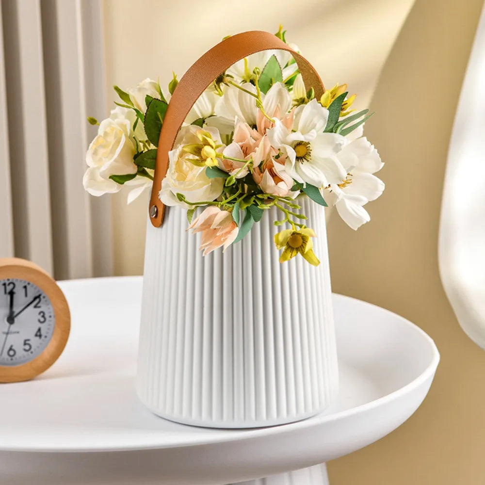 Nordic Style Leather Handle Flower Vase – Modern Anti-Fall Plastic Pot for Floral Arrangements