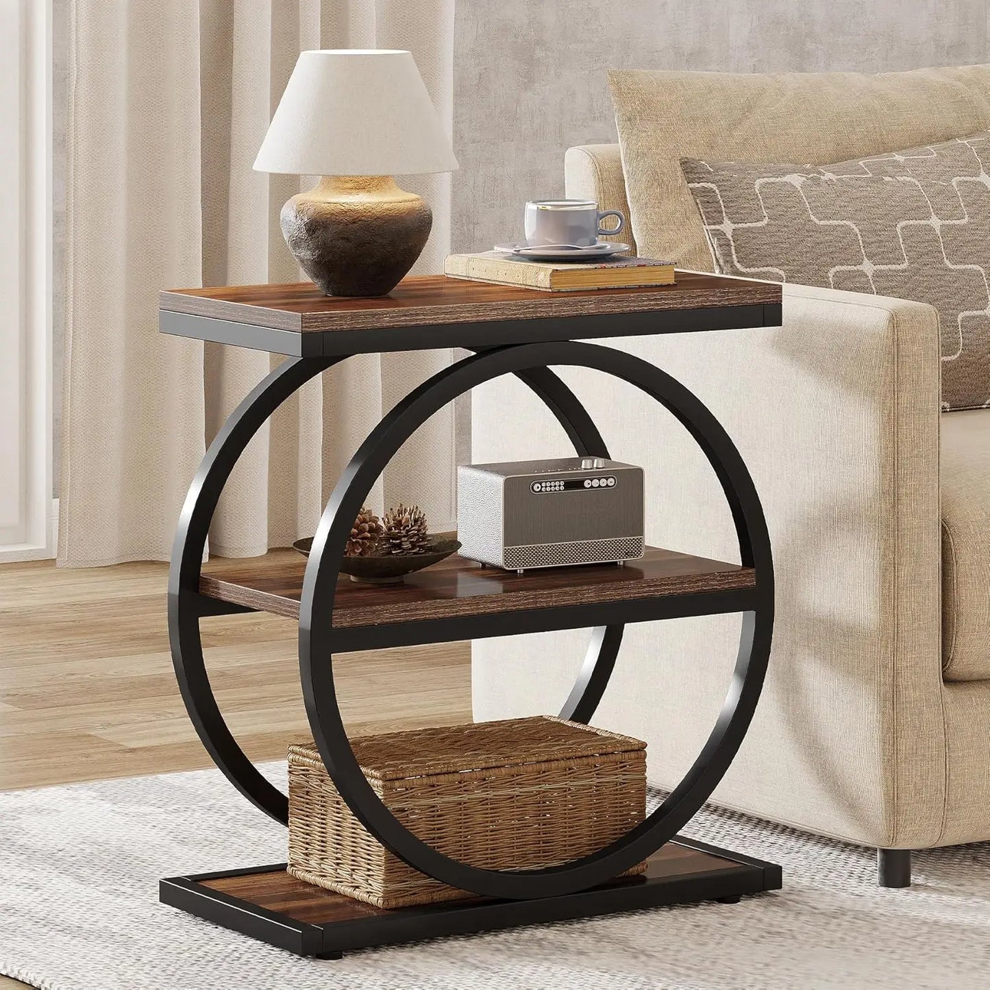 Industrial Circle Frame Side Table – 3-Tier Storage Accent Table for Living Room