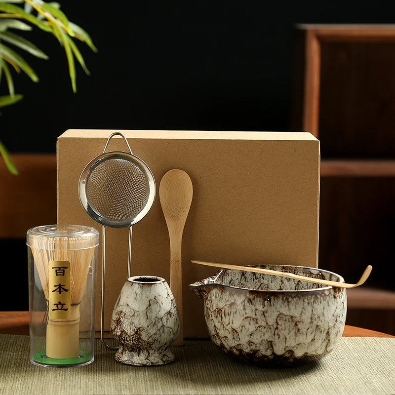 6-Piece Japanese Matcha Tea Ceremony Set – Handmade Ceramic Bowl, Bamboo Whisk, Scoop, Strainer & Gift Box