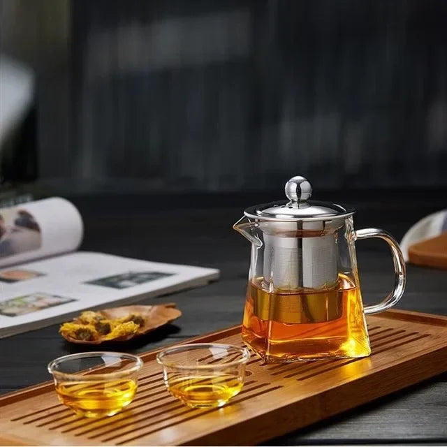 Heat Resistant Glass Teapot with Stainless Steel Infuser – Modern Square Design