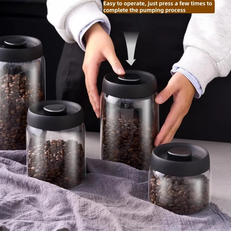 Vacuum Sealed Glass Coffee Storage Jar with Black Lid – Airtight Container for Beans, Tea & Pantry Staples