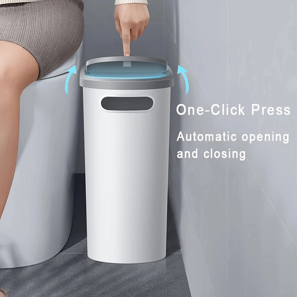 Slim Space-Saving Trash Bin with Lid – 10L Modern Press-Top Garbage Can for Bathroom & Kitchen