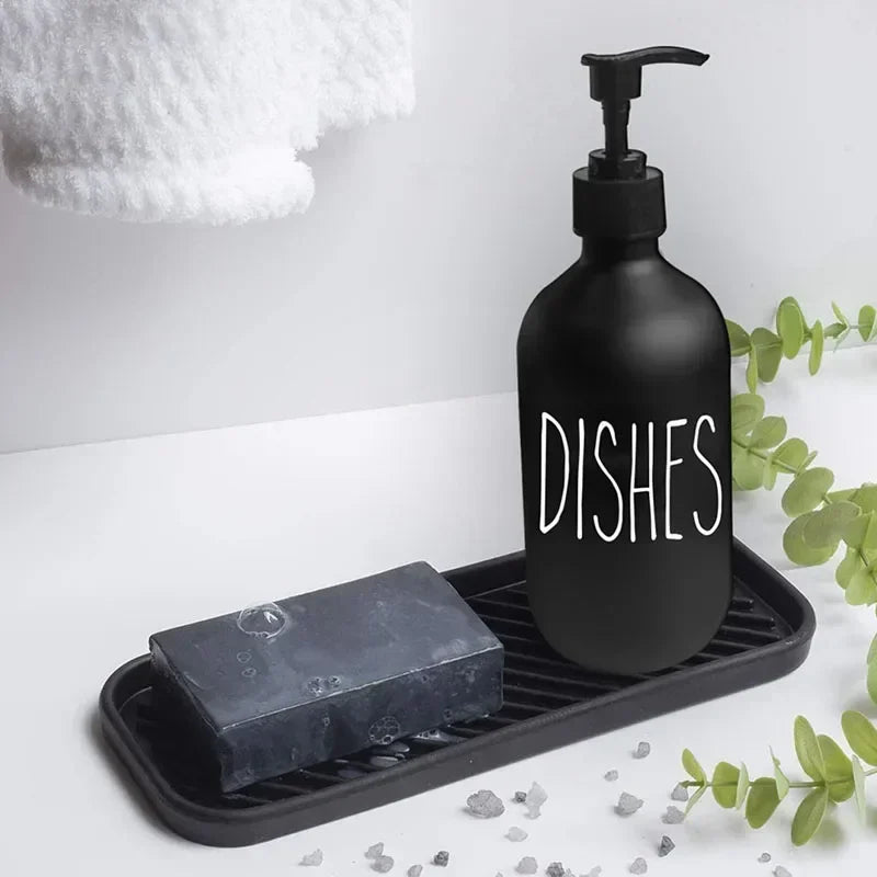 500ml Matte Black Soap Dispenser Set with Labels & Bamboo Tray – Hands & Dishes Bottles for Kitchen & Bathroom