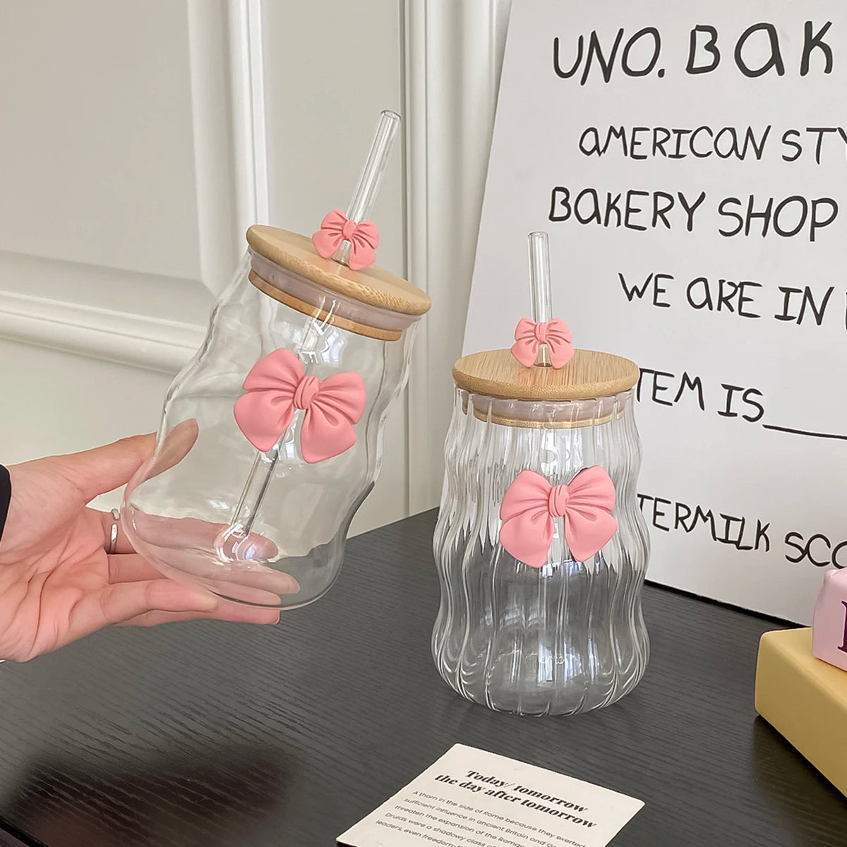 Wavy Glass Cup with Straw β Pink Bow Lid Edition