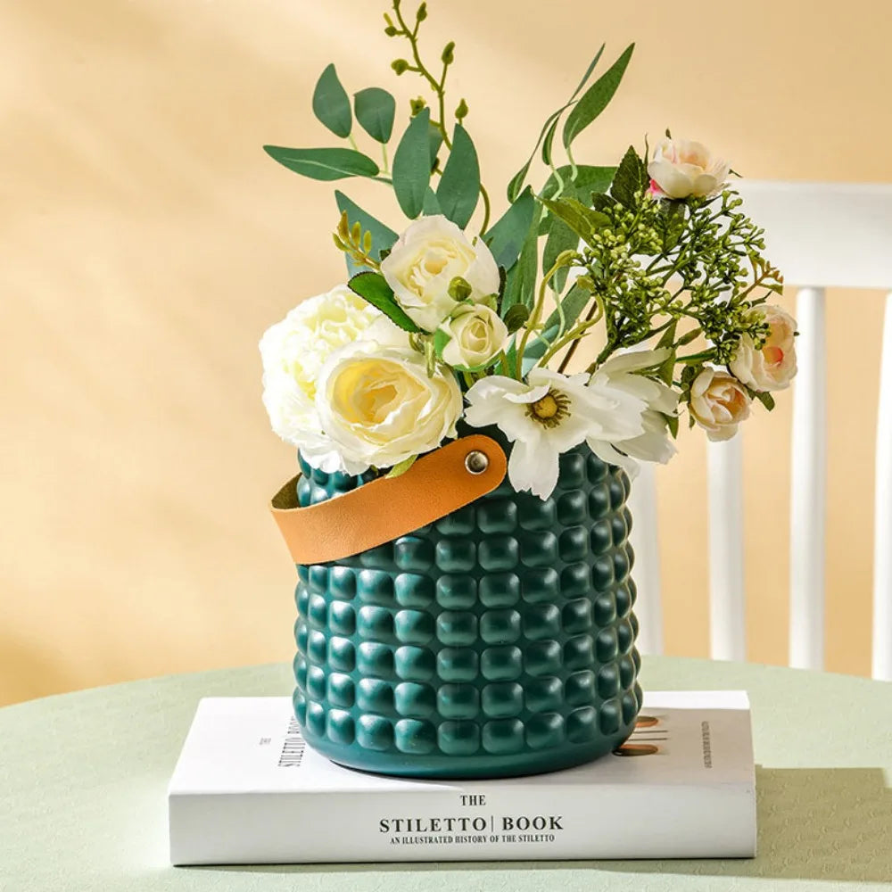 Nordic Style Leather Handle Flower Vase – Modern Anti-Fall Plastic Pot for Floral Arrangements