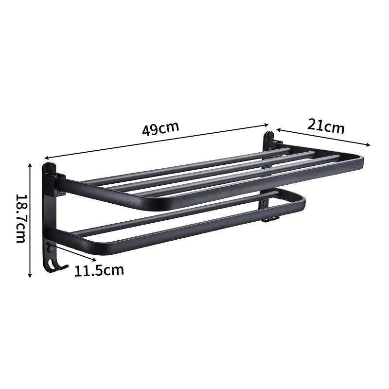 Matte Black Folding Towel Rack with Hooks – 50CM Wall-Mounted Aluminum Shelf
