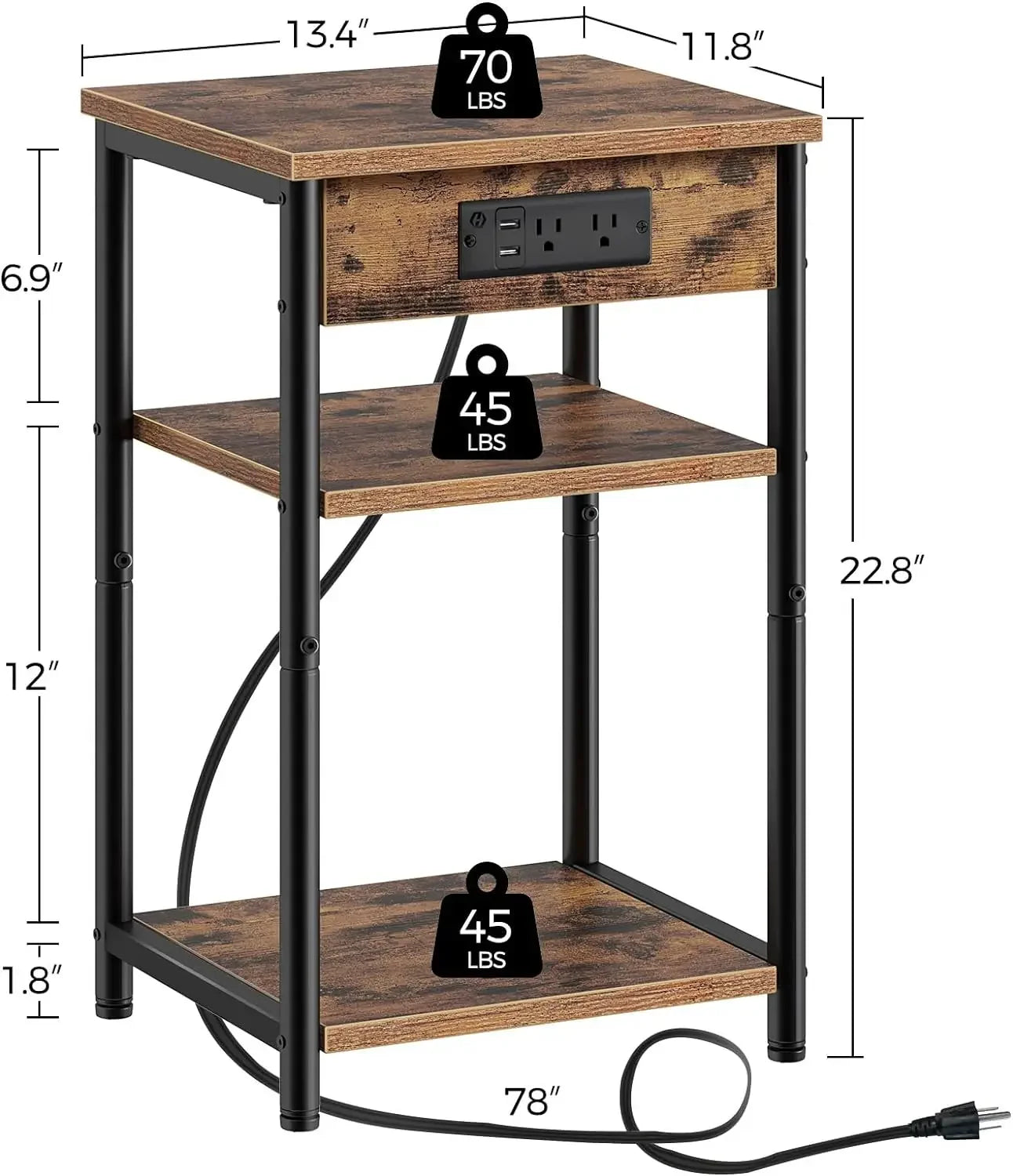 Smart Side Table with Charging Ports – 3-Tier Rustic Nightstand with Storage for Living Room or Bedroom