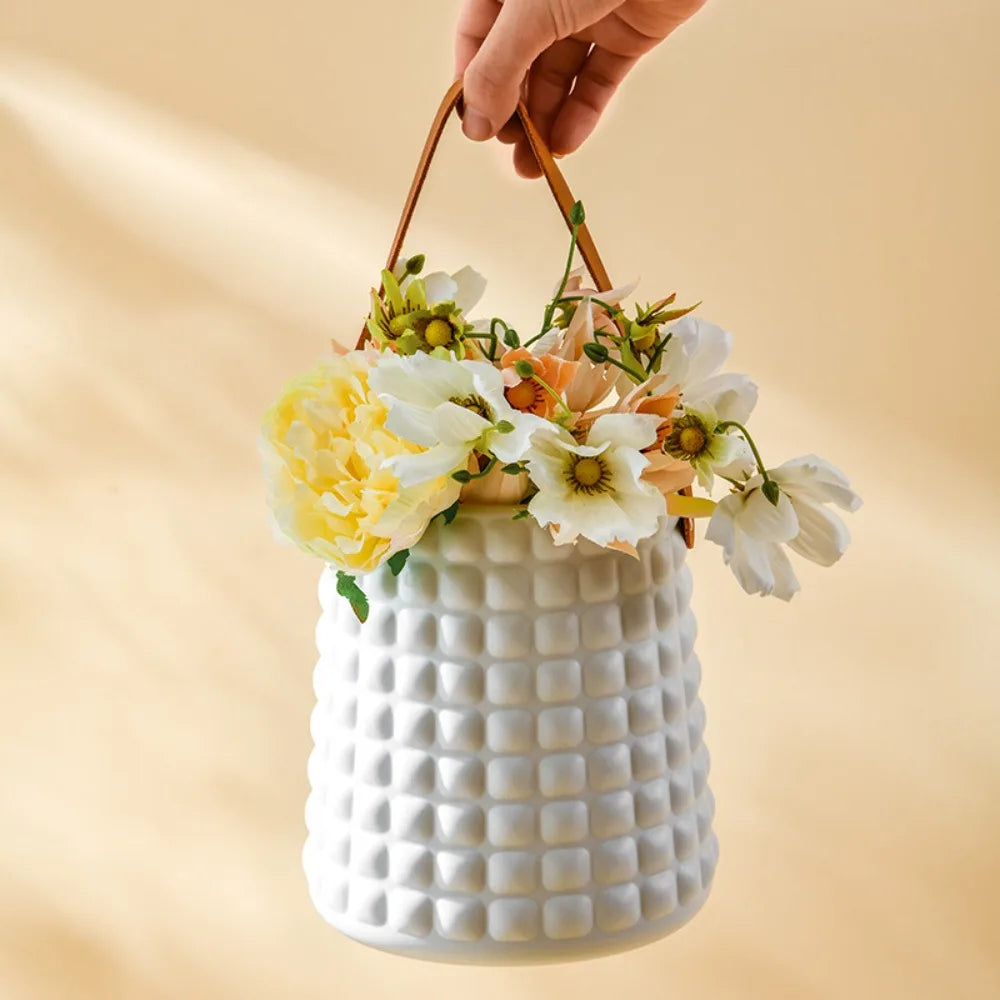 Nordic Style Leather Handle Flower Vase – Modern Anti-Fall Plastic Pot for Floral Arrangements
