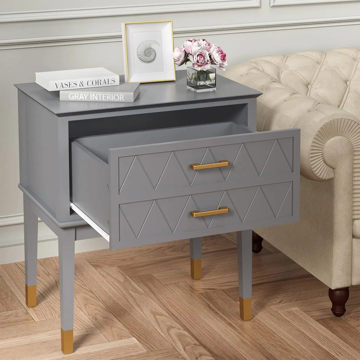 Modern Tall End Table with Drawers – Elegant Nightstand for Bedroom or Living Room