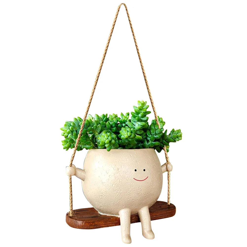Resin Swing Cartoon Planter Pot – Cute Hanging Head Pot for Indoor & Outdoor Decor