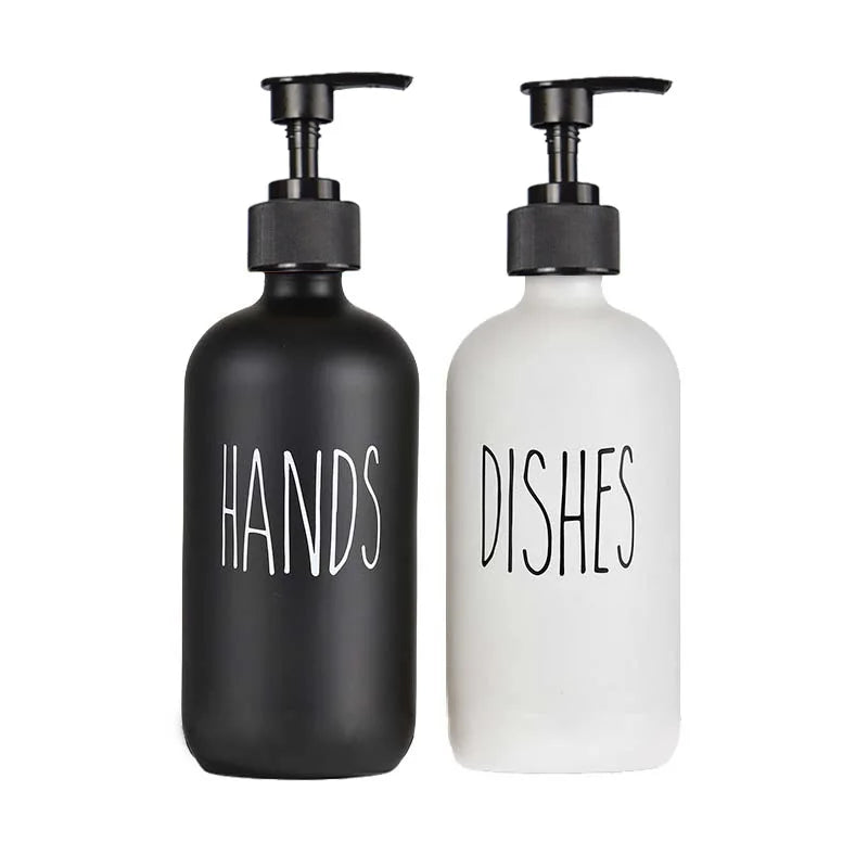 500ml Matte Black Soap Dispenser Set with Labels & Bamboo Tray – Hands & Dishes Bottles for Kitchen & Bathroom