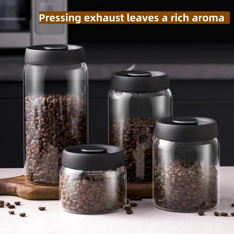 Vacuum Sealed Glass Coffee Storage Jar with Black Lid – Airtight Container for Beans, Tea & Pantry Staples