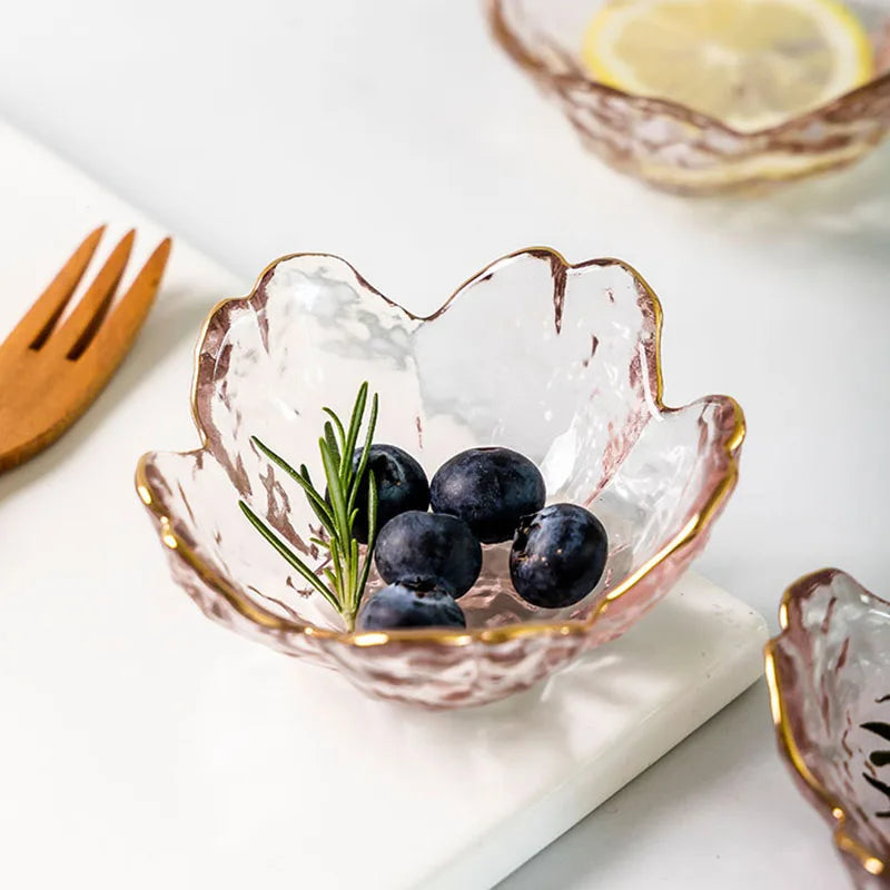 3-Piece Cherry Blossom Glass Dishes – Pink Floral Sauce Bowls with Gold Rim
