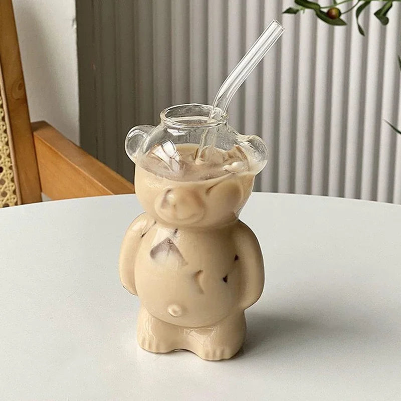 Cartoon Bear Glass Cup with Straw β 320ml Cute Transparent Mug for Juices, Milk Tea & More