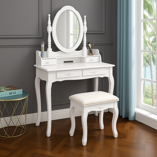 Elegance White Vanity Table Set – Makeup Desk with Mirror & Stool, 4 Drawers