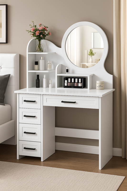 Modern White Makeup Vanity Desk with Mirror and 4 Drawers – Storage Shelves & LED Option