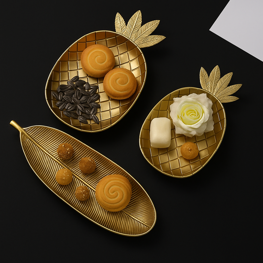 Gold Pineapple & Leaf Decorative Trays – Nordic Style Serving, Jewelry & Snack Dishes