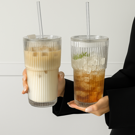 600ml Stripe Glass Cup with Lid & Straw – Iced Coffee & Juice Tumbler