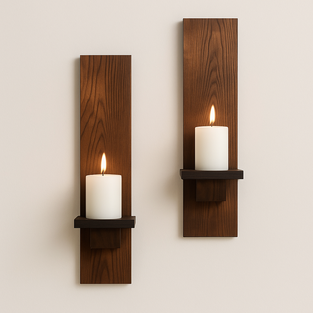 Rustic Wall Candle Sconces – Set of 2 Vintage Wooden Pillar Holders for Cozy Decor