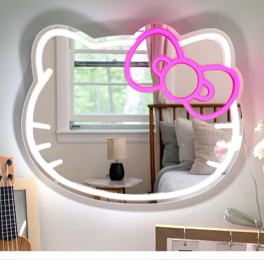 Hello Kitty LED Neon Wall Mirror – USB Powered Light-Up Mirror for Teen Room or Vanity