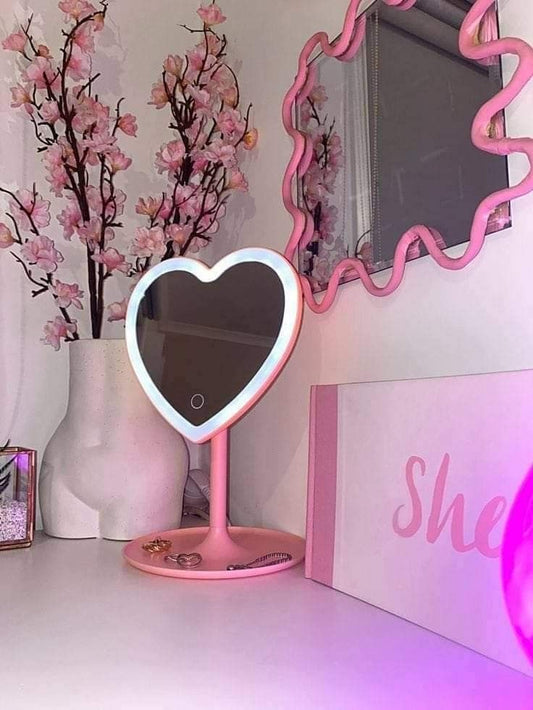 Heart-Shaped LED Makeup Mirror – 3 Light Modes, Rechargeable & Portable (Pink)