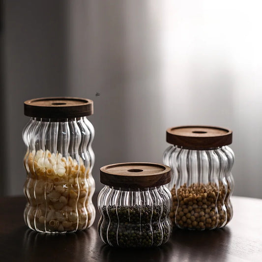 Ripple Glass Jar with Acacia Lid – Airtight Storage for Sugar, Snacks & Spices
