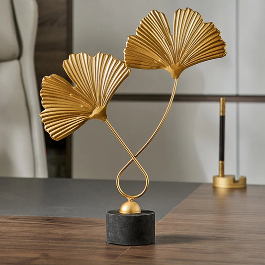 Elegant Gold Ginkgo Leaf Sculpture – Iron Desktop Art for Home & Office Decor