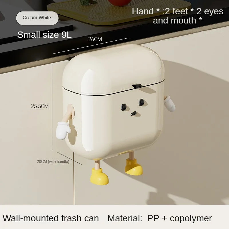 Cream Wall-Mounted Trash Can with Lid – 9L/12L Space-Saving Kitchen Bin for Cabinets, Food Waste & Bathroom