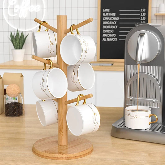 Natural Bamboo Mug Tree – 6 Hook Wooden Coffee Cup Holder Stand for Kitchen Counter or Shelf