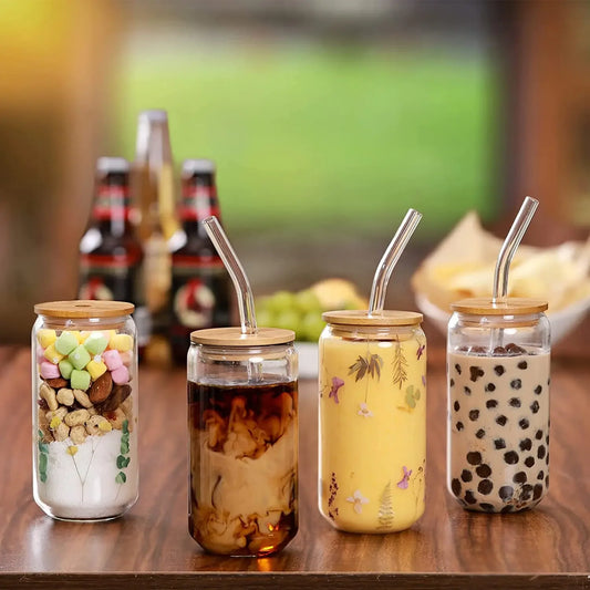 Clear Glass Coffee Cup with Bamboo Lid & Straw – 450ml Iced Drink Jar