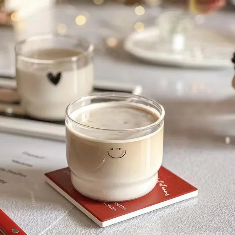 300ml Happy Face Double Wall Glass Cup – Heat-Resistant Transparent Mug