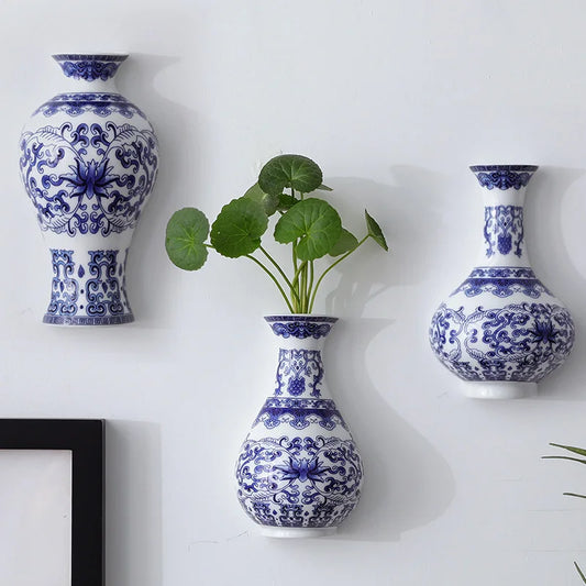 Vintage Blue & White Wall-Mounted Ceramic Vase – Porcelain Floral Holder for Home & Office Decor