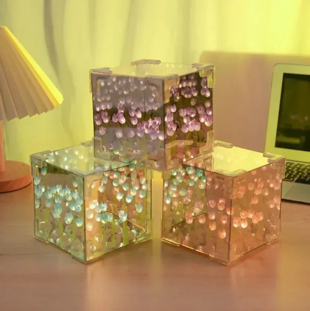 Tulip Bloom LED Night Light Cube – Romantic Floral Decor