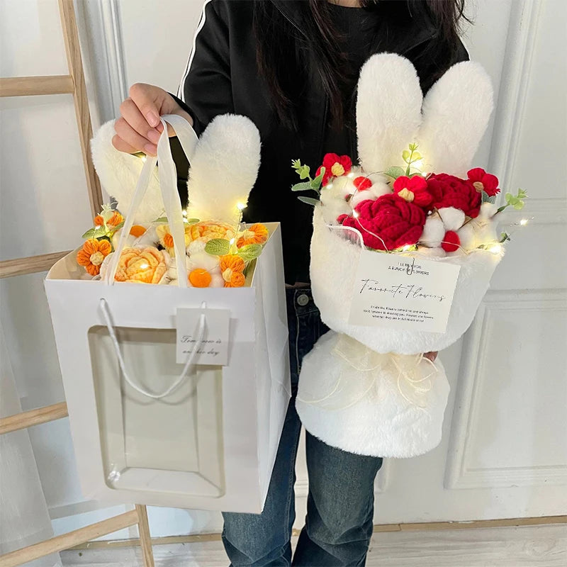 Whimsical Rabbit Ear Plush Bouquet – Soft Knitted Flowers in Gift Bag