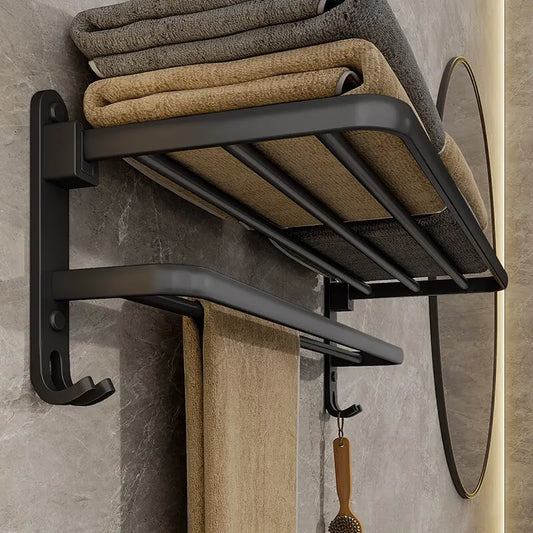Matte Black Folding Towel Rack with Hooks – 50CM Wall-Mounted Aluminum Shelf
